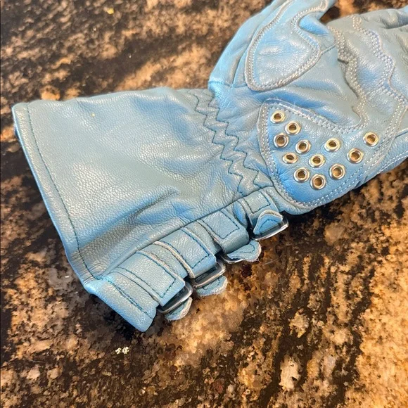 ICON Sky Blue Leather Riding Gloves - Picture 5 of 6